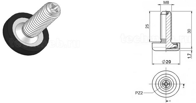 310G0 Опора регулируемая  М8 х  25, с чёрным пластиковым подпятником, крест. шлиц PZD 2